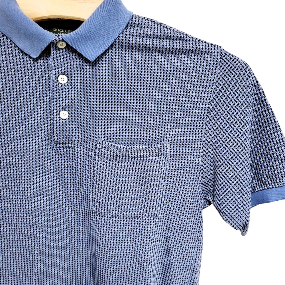 Dockers Golf Mens Medium Blue Houndstooth Tencel Cotton Polo Shirt Pocket S/S
